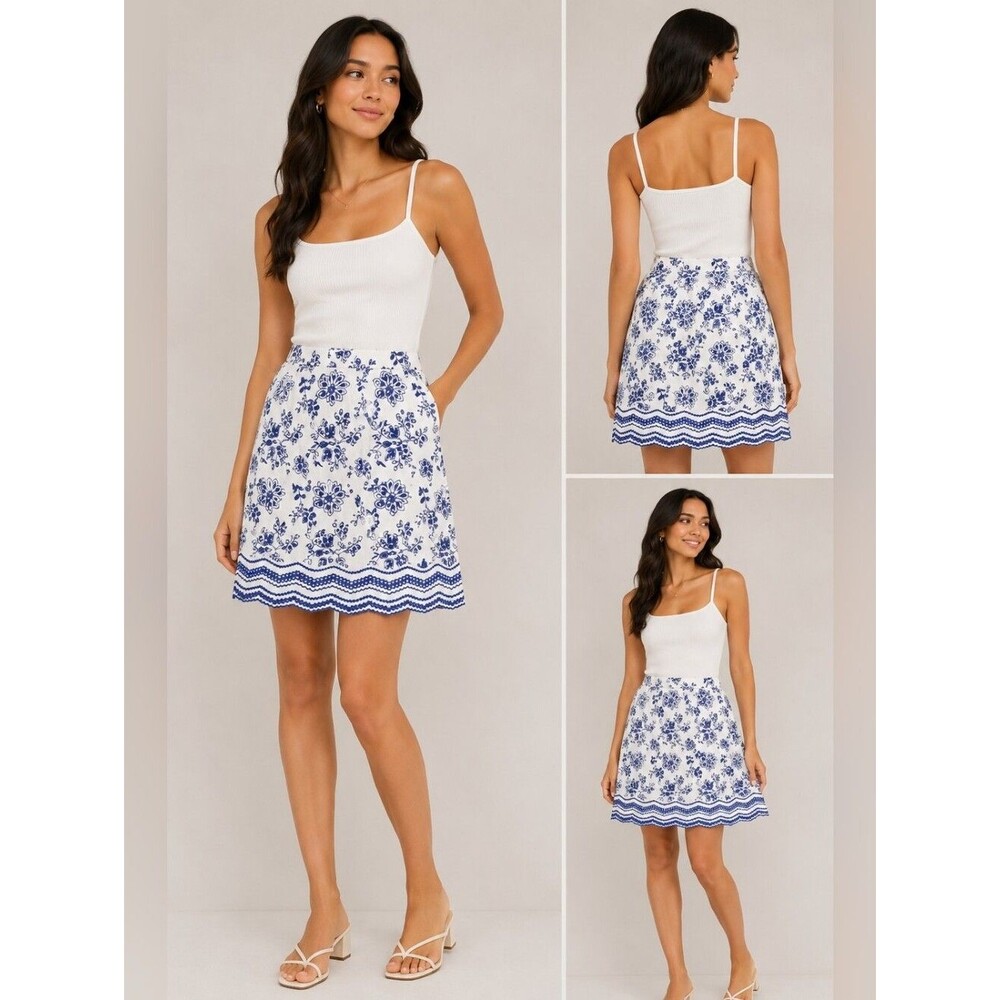 NWT LOFT Petite Blue White Embroidered Floral Pencil Skirt Size 2P